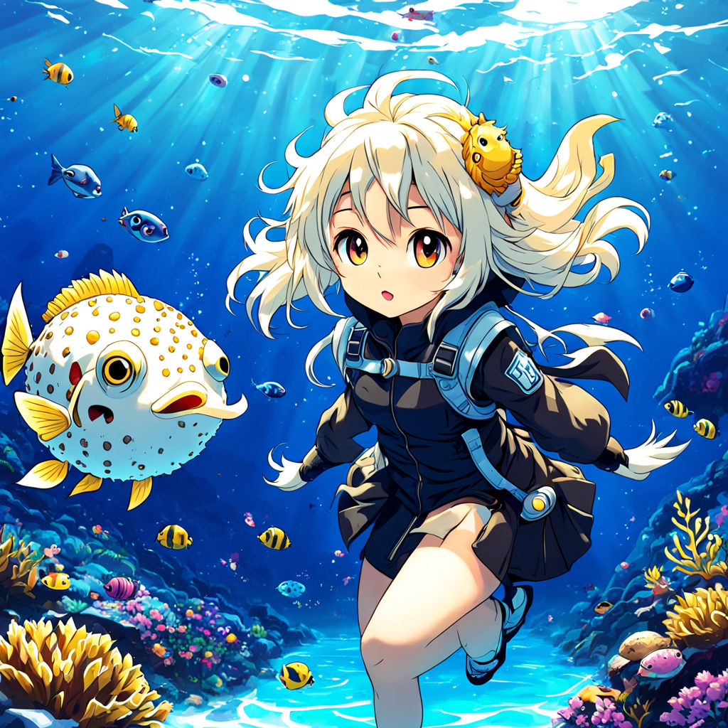 cute anime girl sinks to the deep sea world