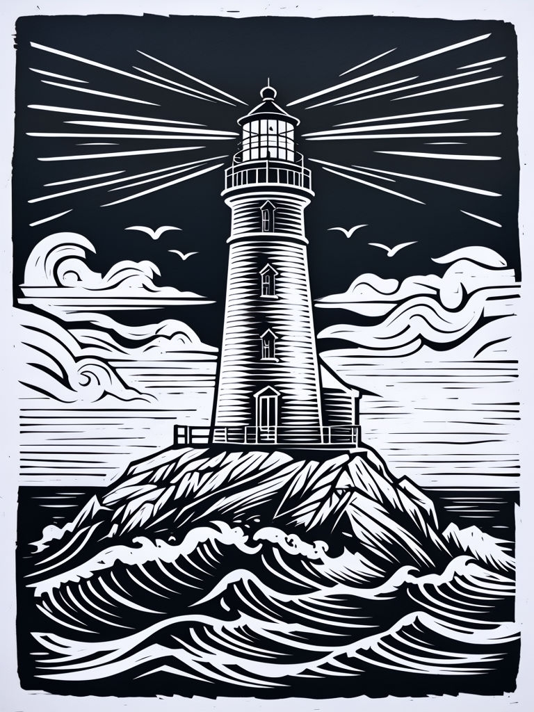 Timeless Coastal Lighthouse Linocut Print Artwork 