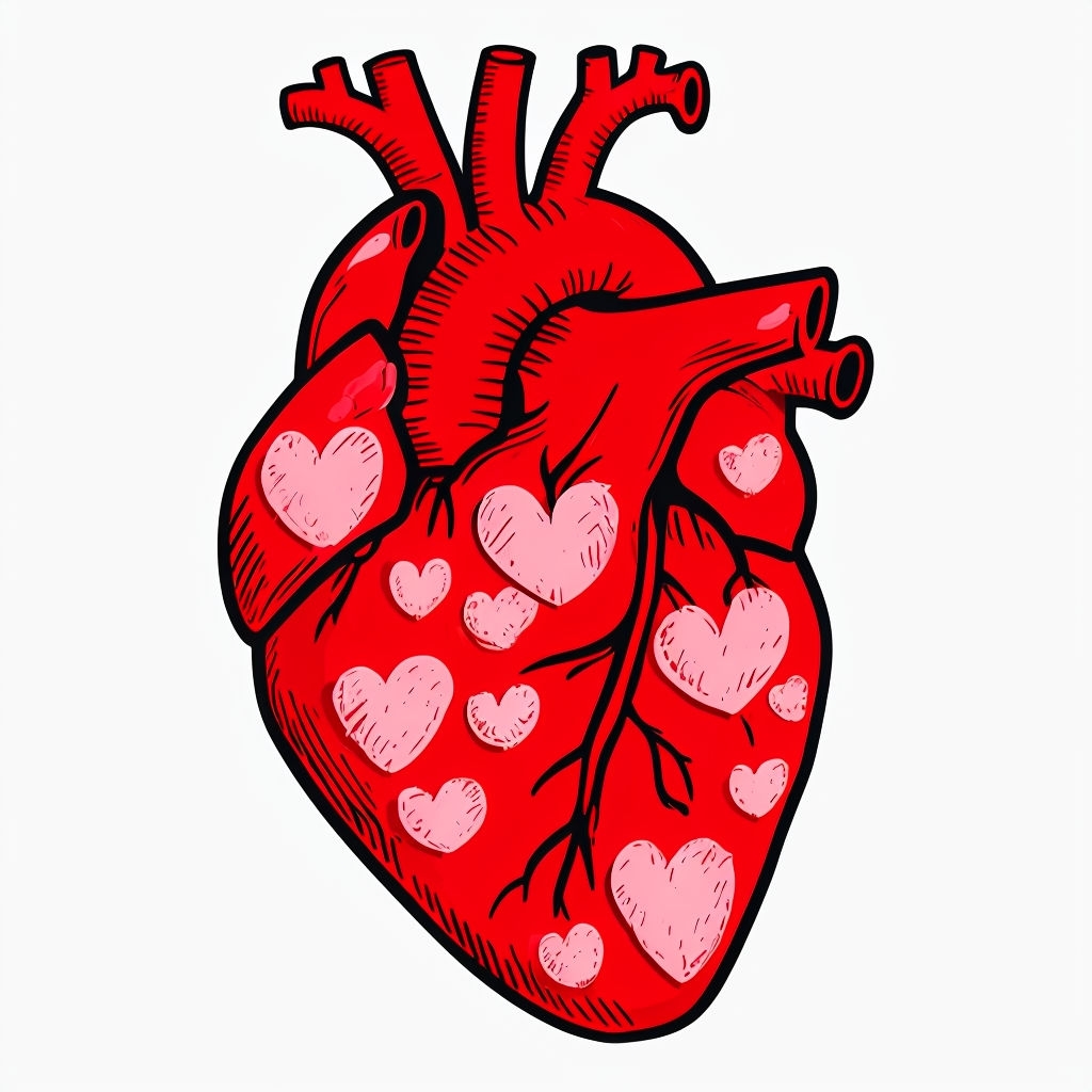 Vibrant Cartoon Human Heart Illustration with Pink Patterns Sticker