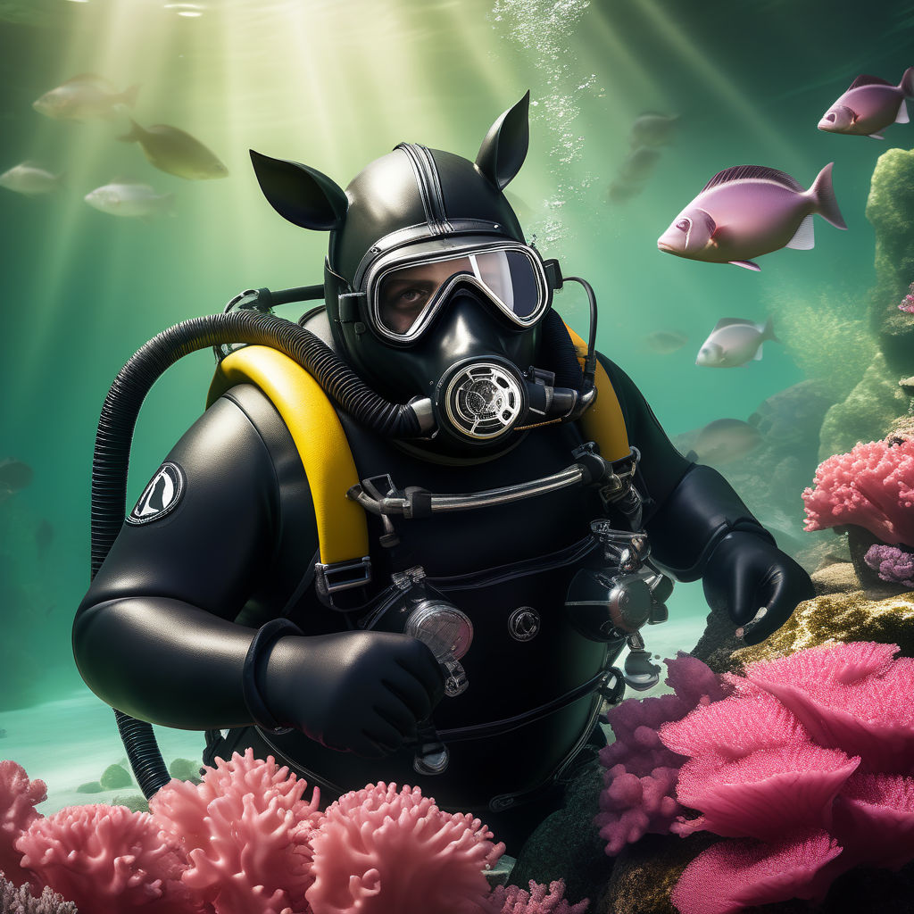 Beefy slightly obese scuba diver swimming underwater in all by