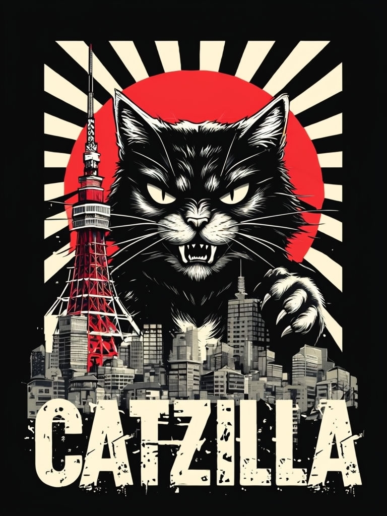 Fierce Black Catzilla Graphic Art with Tokyo Tower Poster