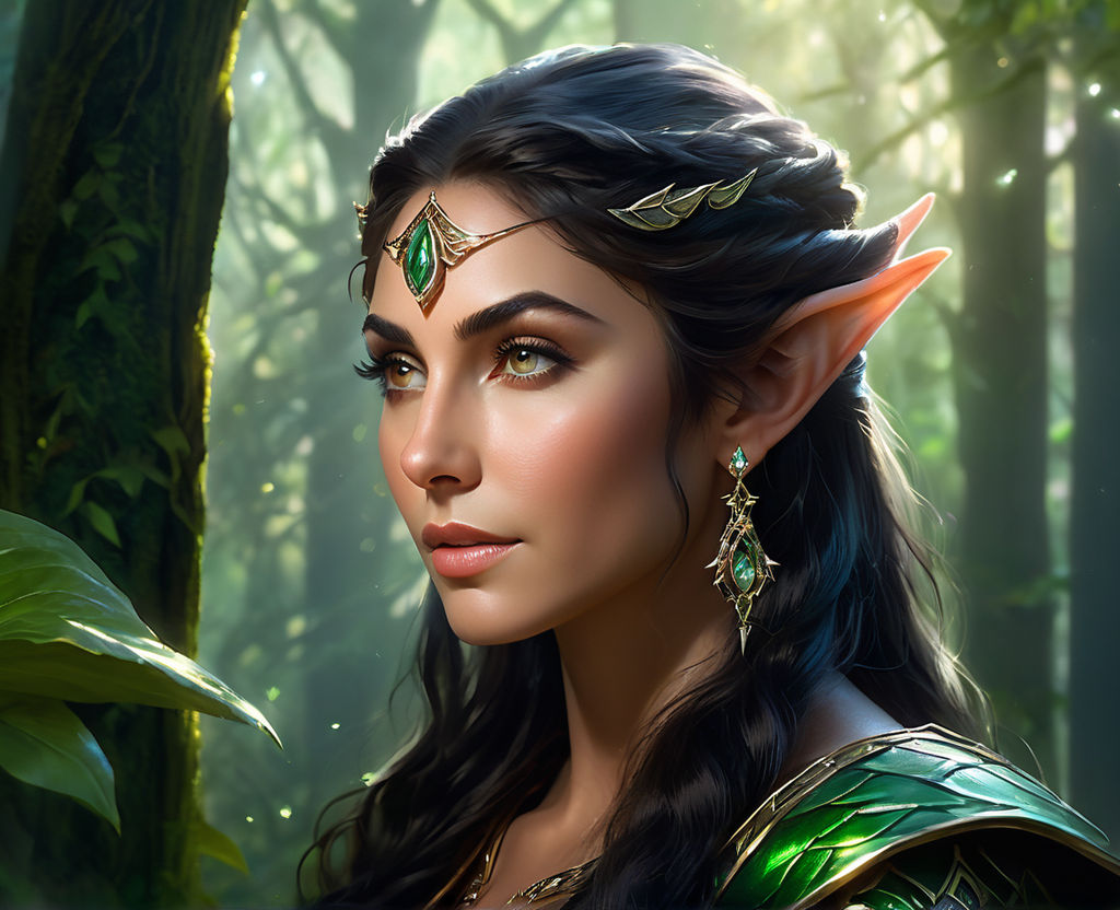 a striking elf girl with jet-black locks and piercing green eyes glides  effortlessly through the rippling waves. Her skin seems to glow with an  inner radiance