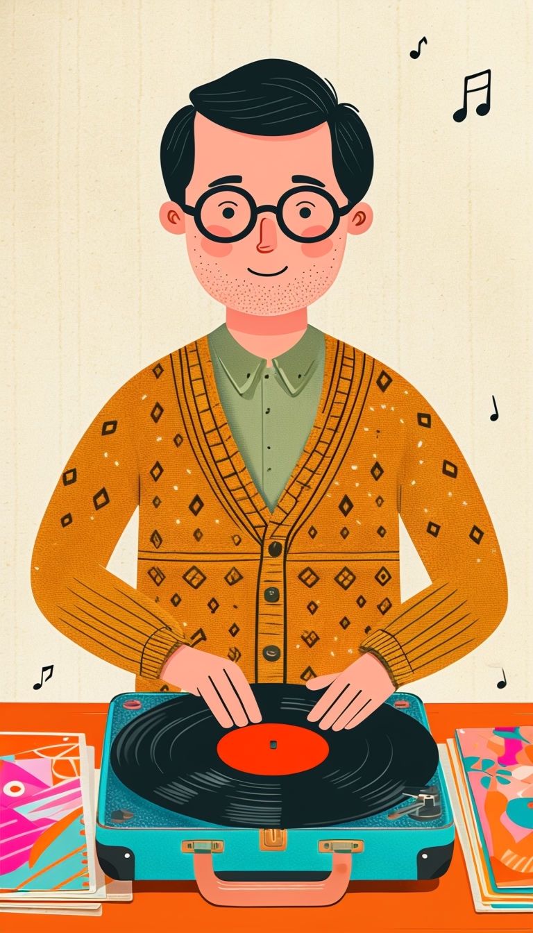 Endearing Retro Record Collector with Vinyl Player Art