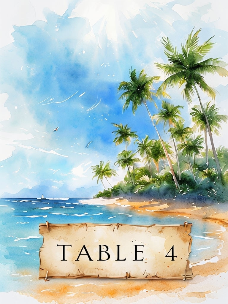 Tropical Beach Table 4 Sign with Palm Trees Watercolor Art Event Sign