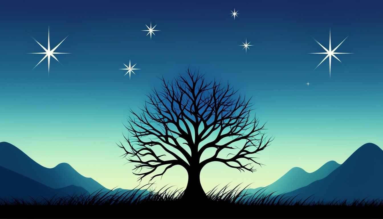Silhouetted Bare Tree Against Dramatic Gradient Sky Background