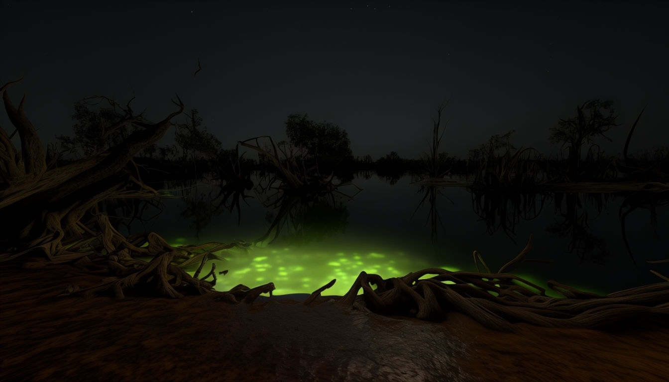 Eerie Night Swamp Scene with Dark Water and Glowing Light Virtual Background