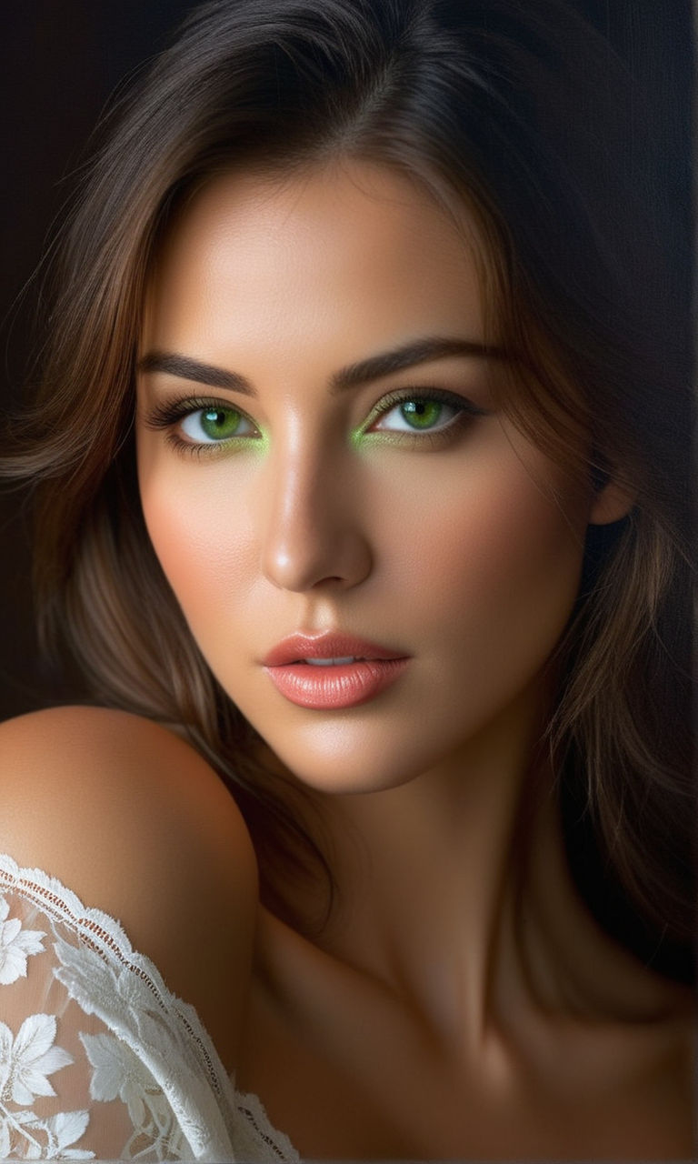 A sensual brunette woman with green eyes and a toned body.