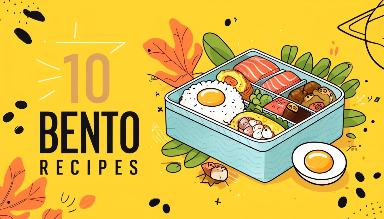 Cheerful Cartoon Bento Box Illustration for 10 Bento Recipes EBook Cover