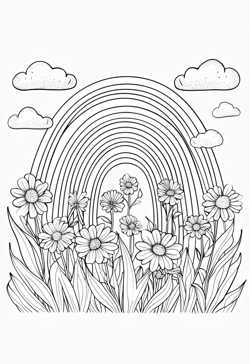 Whimsical Black and White Rainbow with Flowers Art