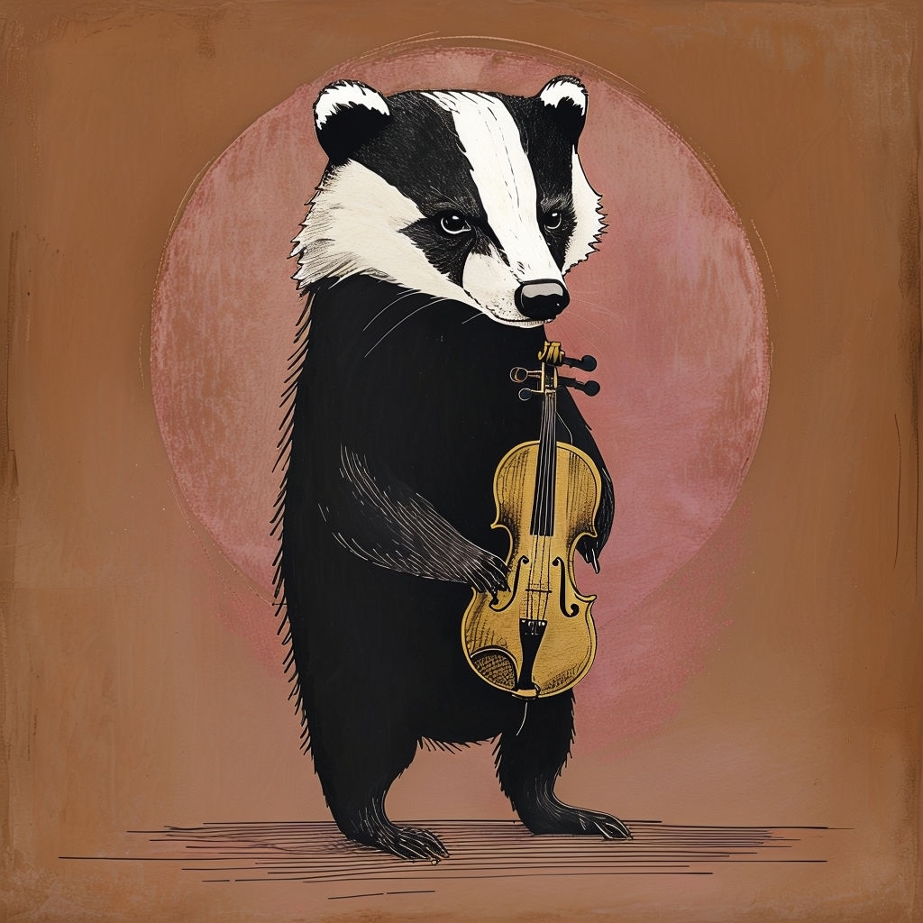 Whimsical Black and White Badger with Violin Illustration T-Shirt