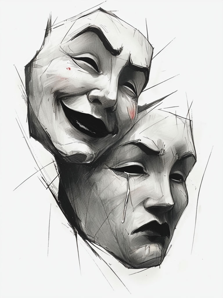 Dramatic Black and White Theatrical Masks Sketch Art