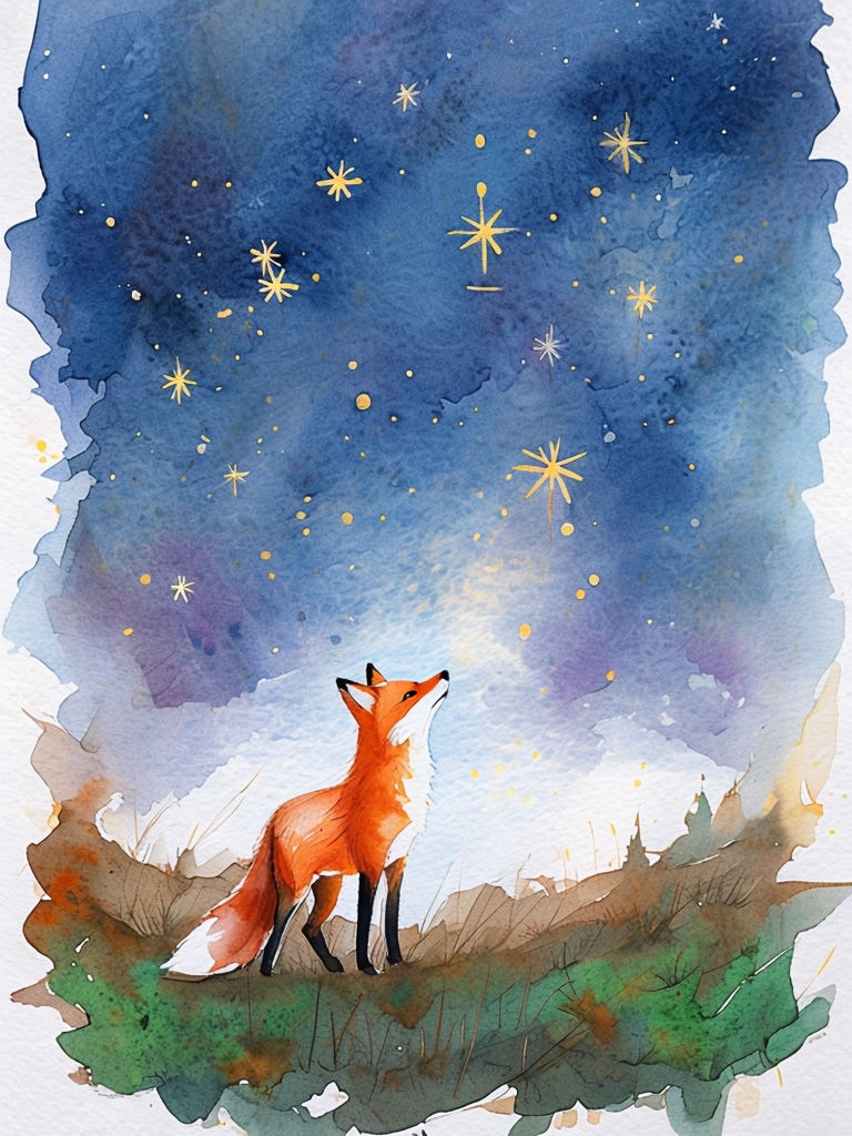 Charming Watercolor Fox Under Starry Night Sky Illustration Art