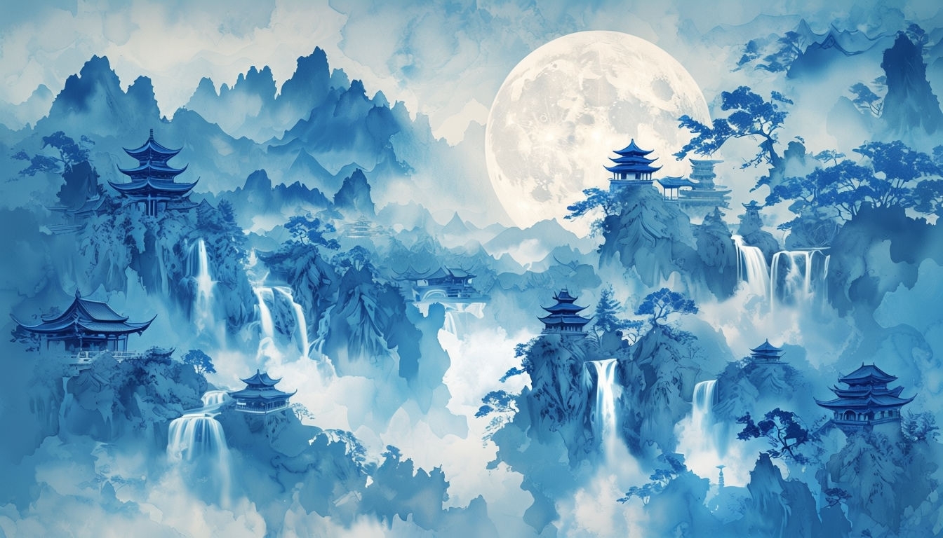 Ethereal East Asian Landscape with Full Moon Virtual Background