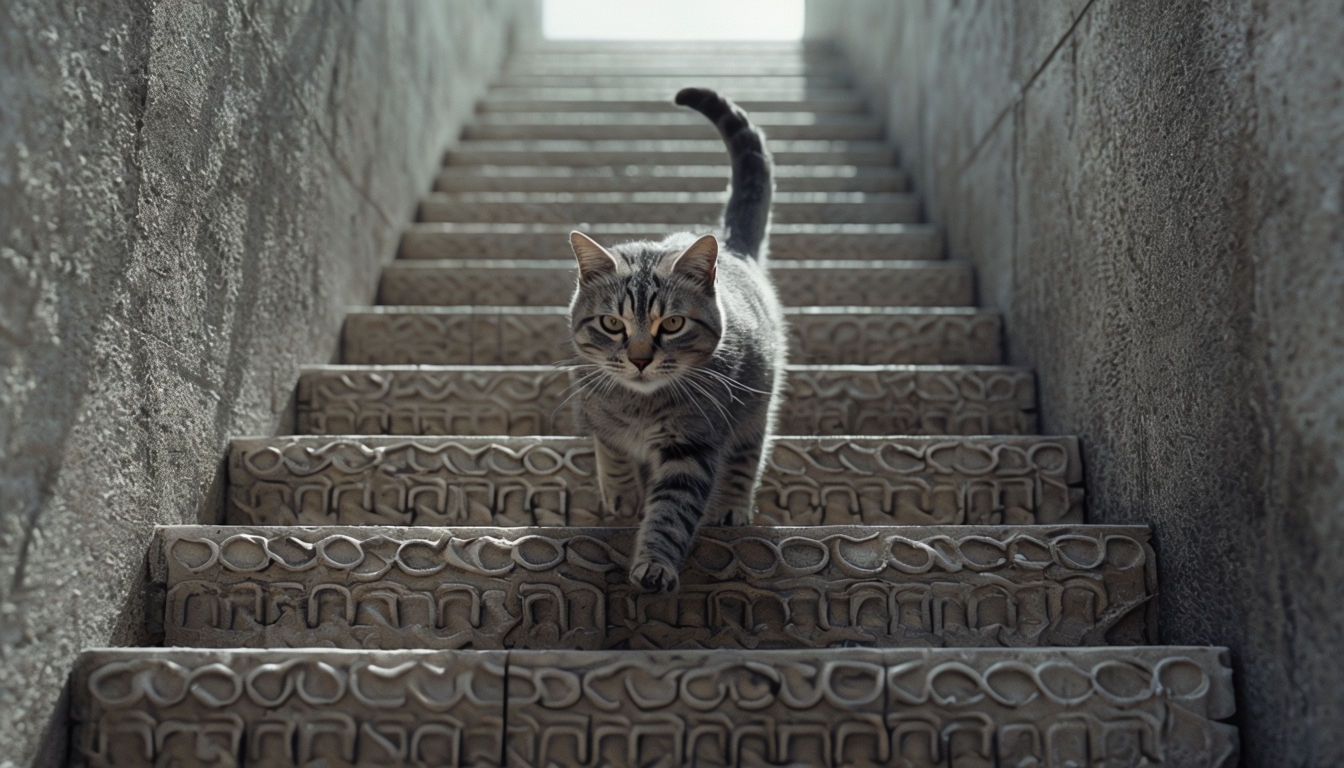 Gray Tabby Cat Ascending Stone Stairs Photograph for Virtual Backgrounds