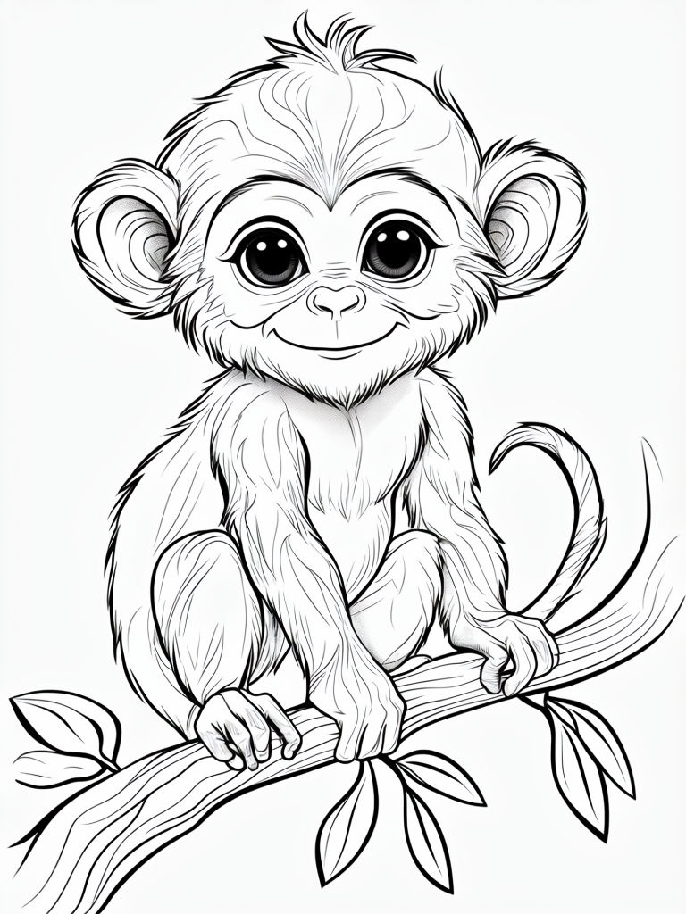 Whimsical Black and White Monkey Illustration for Coloring Book Pages