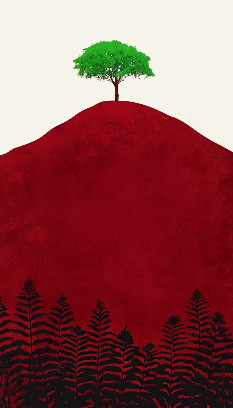 Minimalist Deep Red Hill with Green Tree Abstract Art Mobile Wallpaper