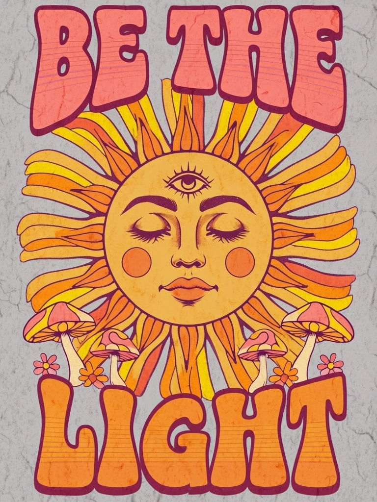 Vintage Psychedelic Sun and Mushrooms Art Poster