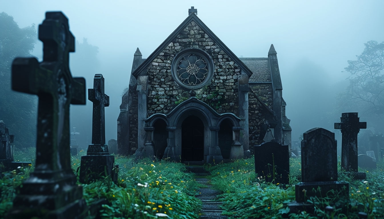 Eerie Misty Cemetery Scene with Gothic Chapel Background Virtual Backgrounds