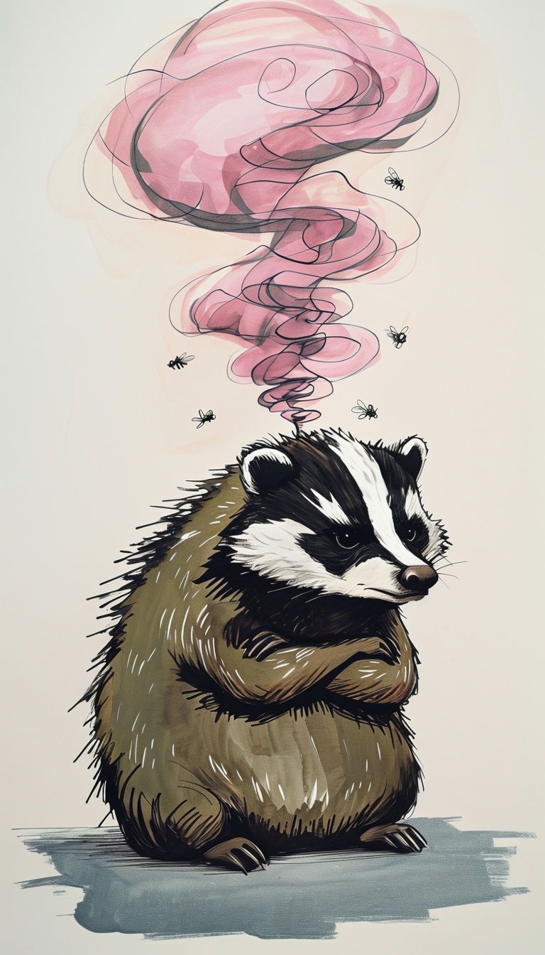 Grumpy Badger Character Illustration with Stylish Steam Art