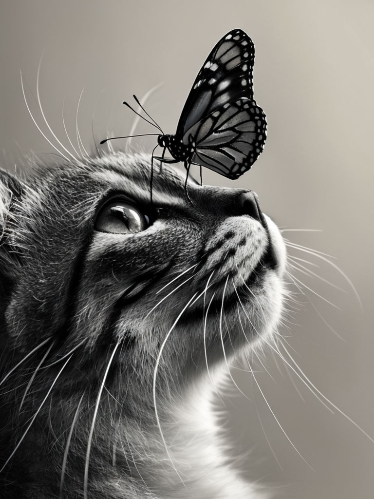 Intimate Cat and Butterfly Close-Up Photograph Art