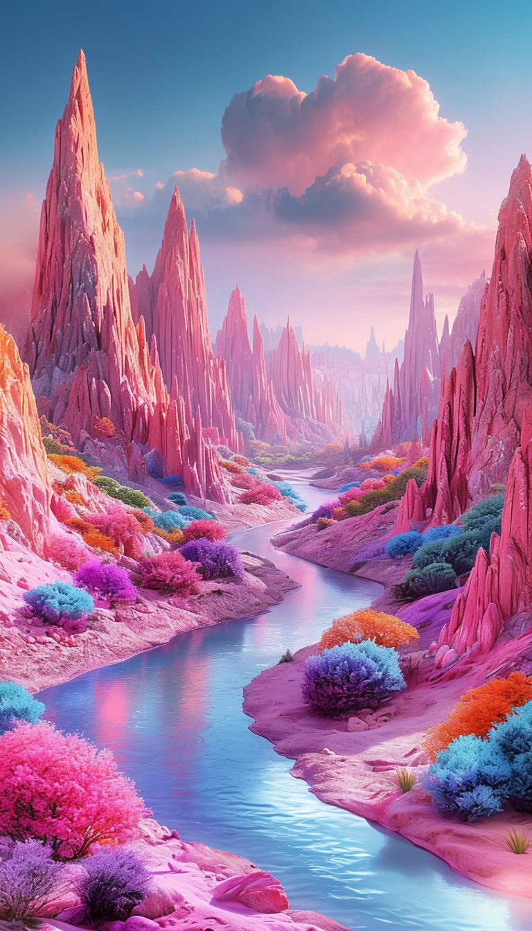 Surreal Fantastical Landscape with Winding River Mobile Wallpaper