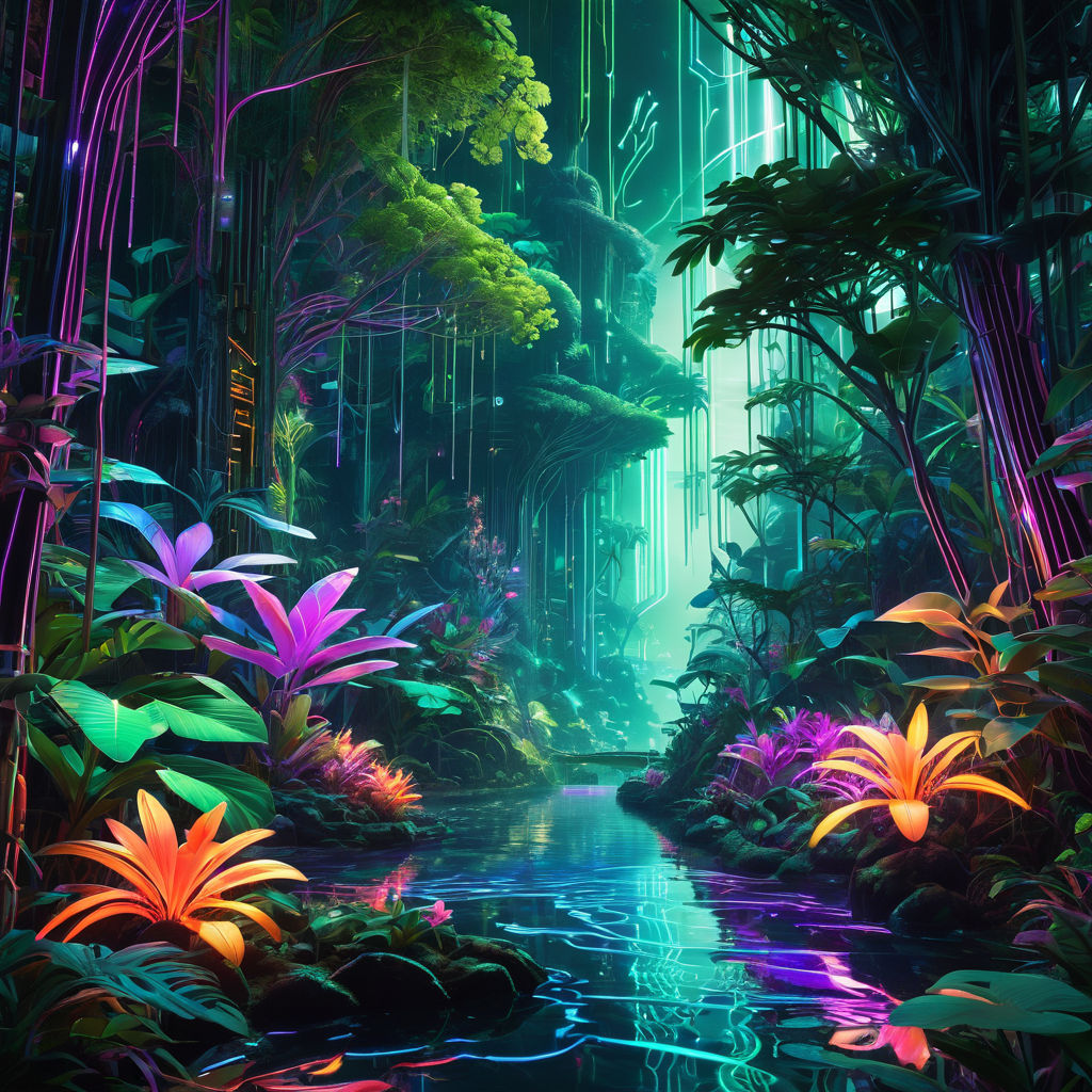 A neon-lit jungle with glowing flora and fauna by Wiki - Playground