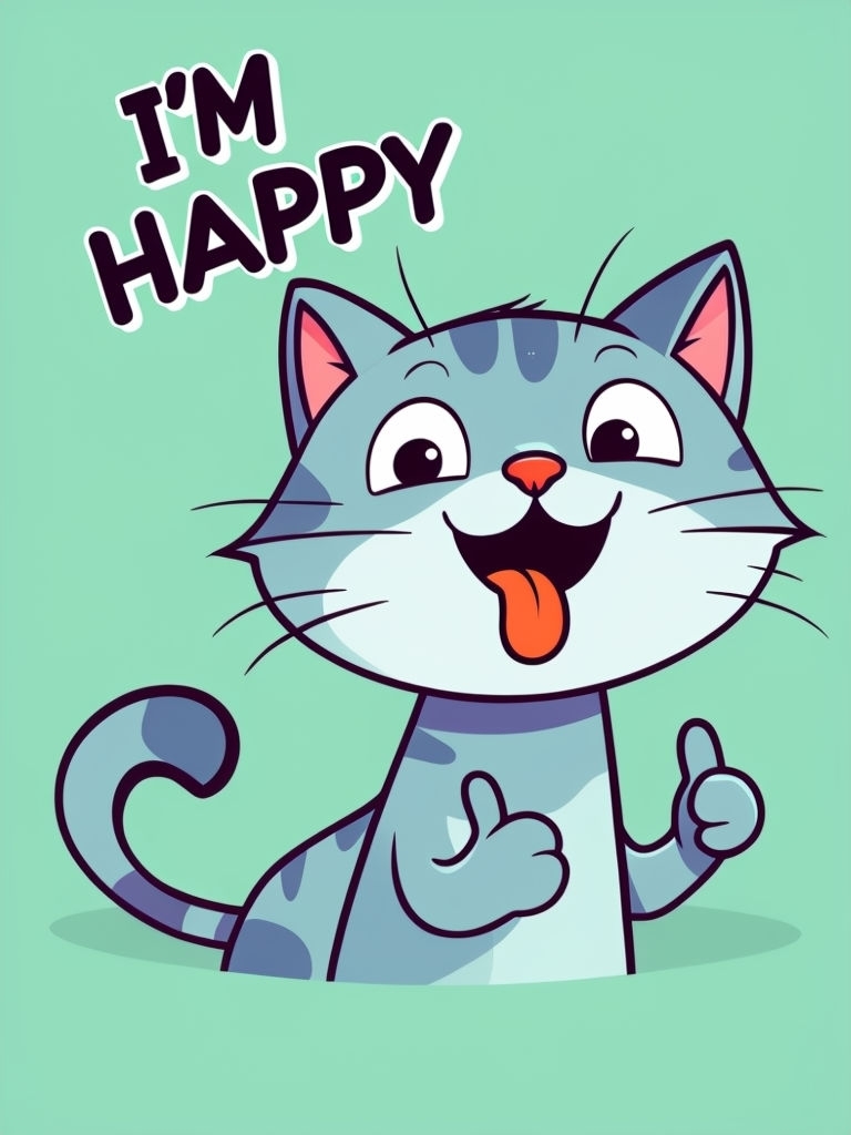 Cheerful Cartoon Cat with "I'm Happy" Text Sticker