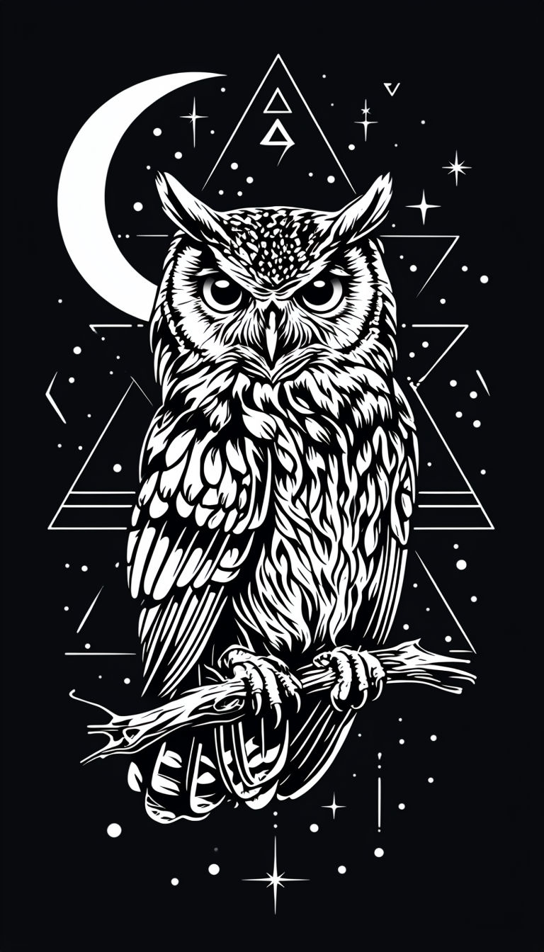 Mystical Black and White Owl Illustration with Geometric Shapes Mobile Wallpaper