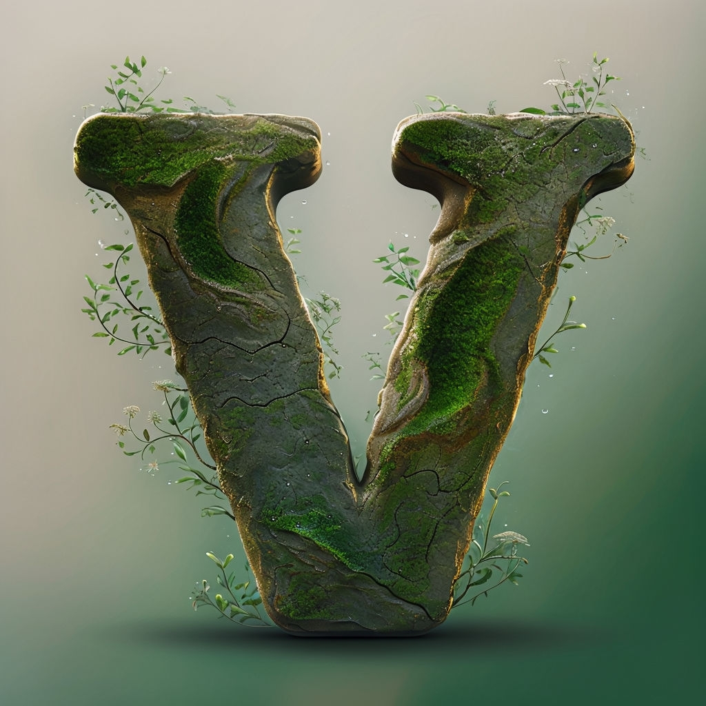 Earthy Moss-Covered Letter V Monogram Artwork