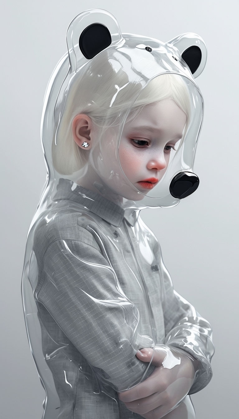 Melancholic Young Girl in Transparent Bear Suit Digital Art Mobile Wallpaper