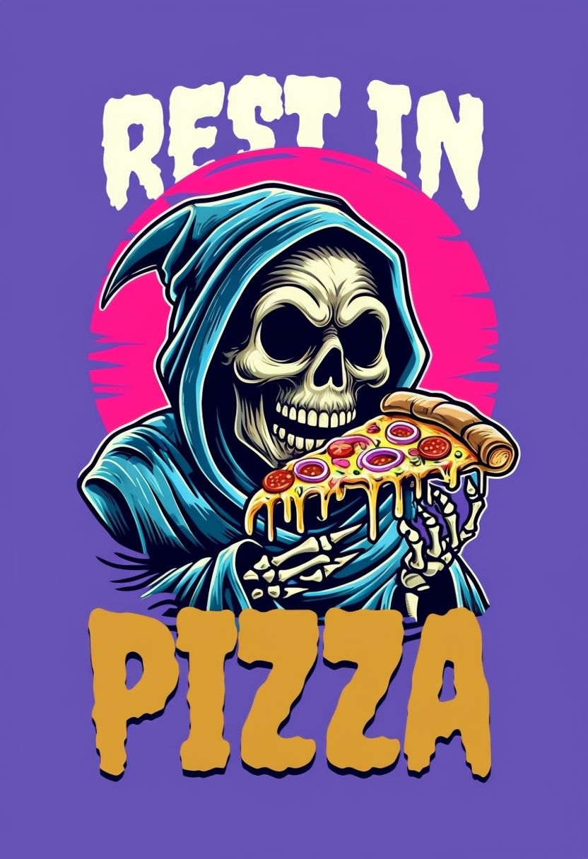 Grim Reaper Holding Pizza with Funny 'Rest in Pizza' Design T-shirt