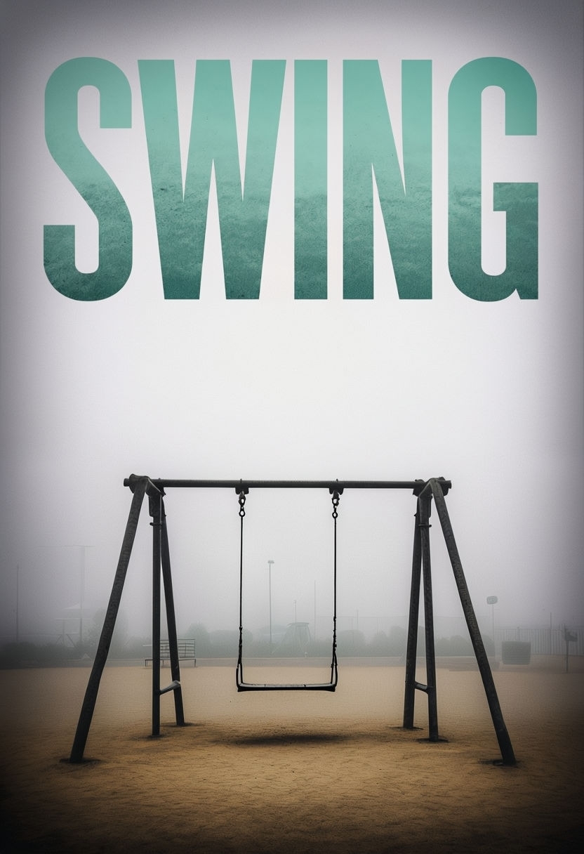 Somber Playground Scene with Swing Title in Foggy Atmosphere Poster