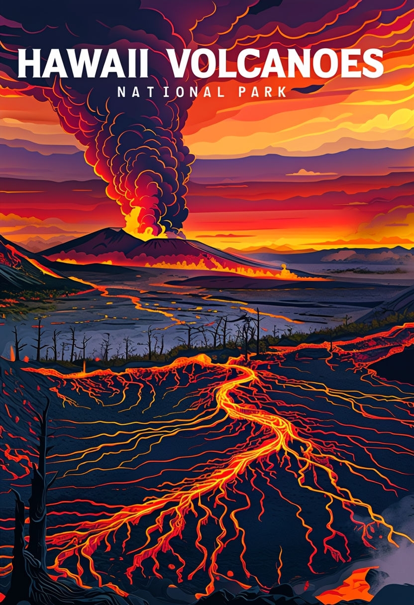 Dramatic Hawaii Volcanoes National Park Digital Illustration Poster