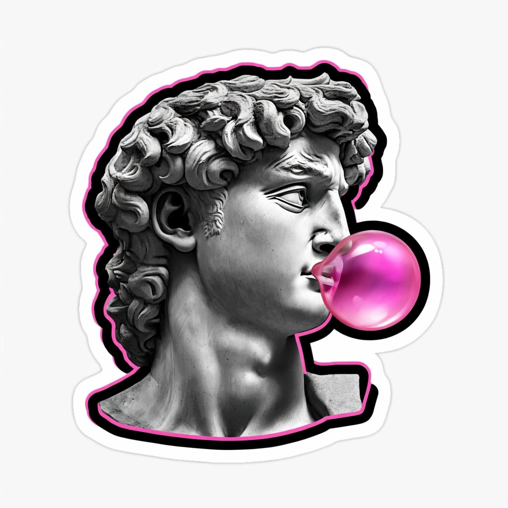 Modern Grayscale David Sculpture with Pink Bubble Gum Sticker