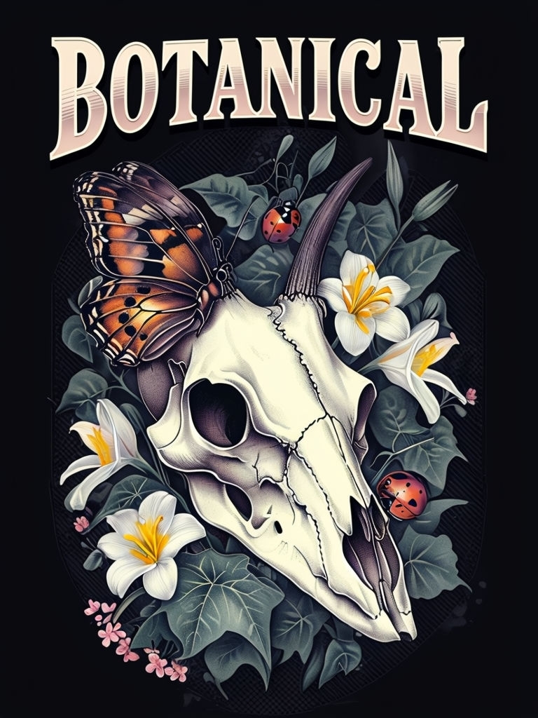 Whimsical Botanical Deer Skull and Butterfly T-Shirt