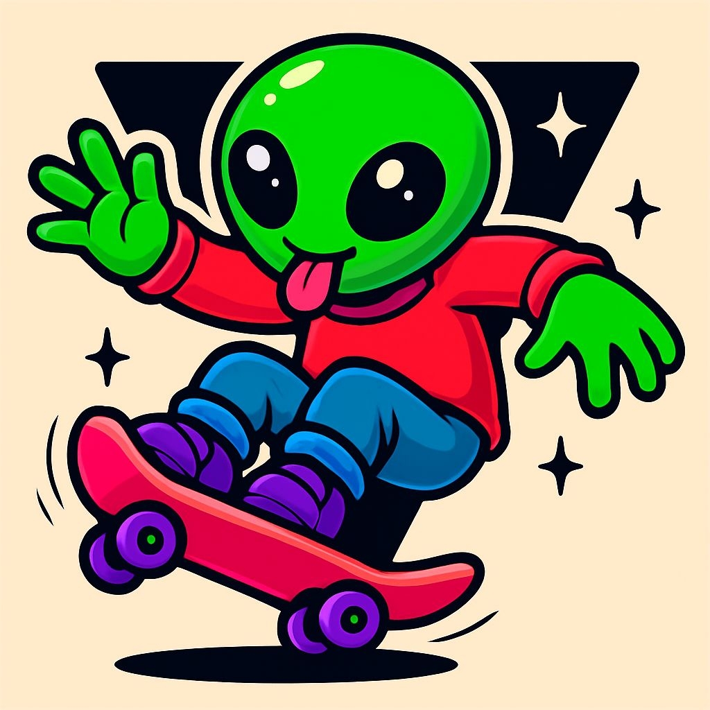 Vibrant Cartoon Alien Skating Trick Illustration Sticker