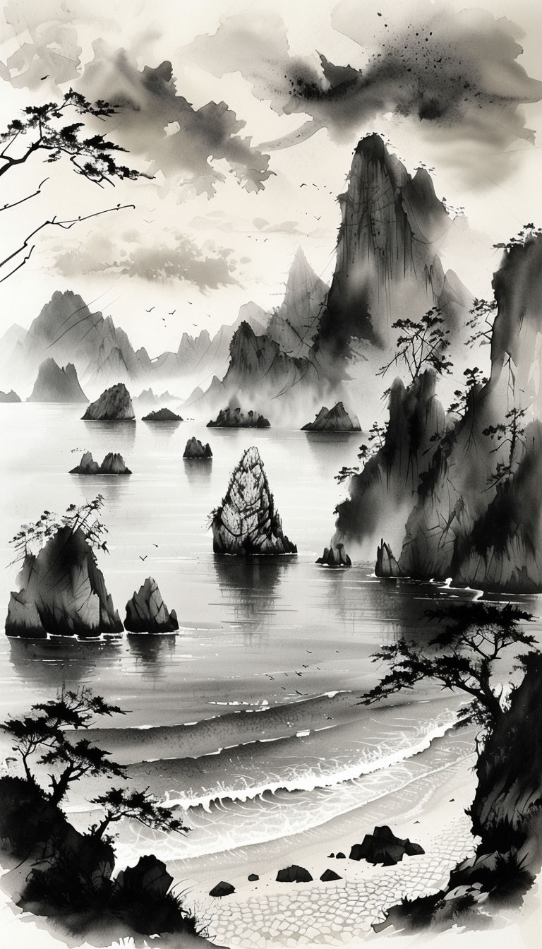 Tranquil Black and White Coastal Landscape Watercolor Mobile Wallpaper