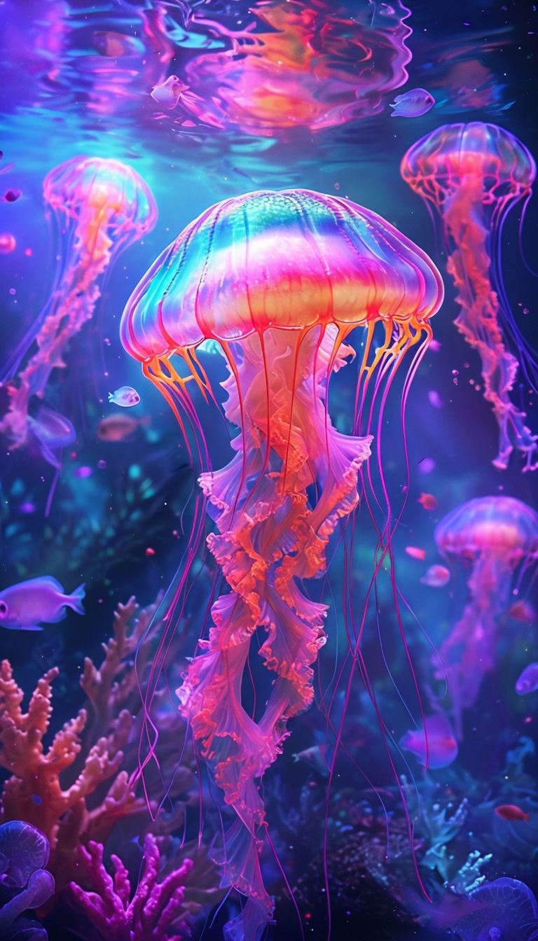 Vibrant Underwater Mermaid and Jellyfish Scene Mobile Wallpaper