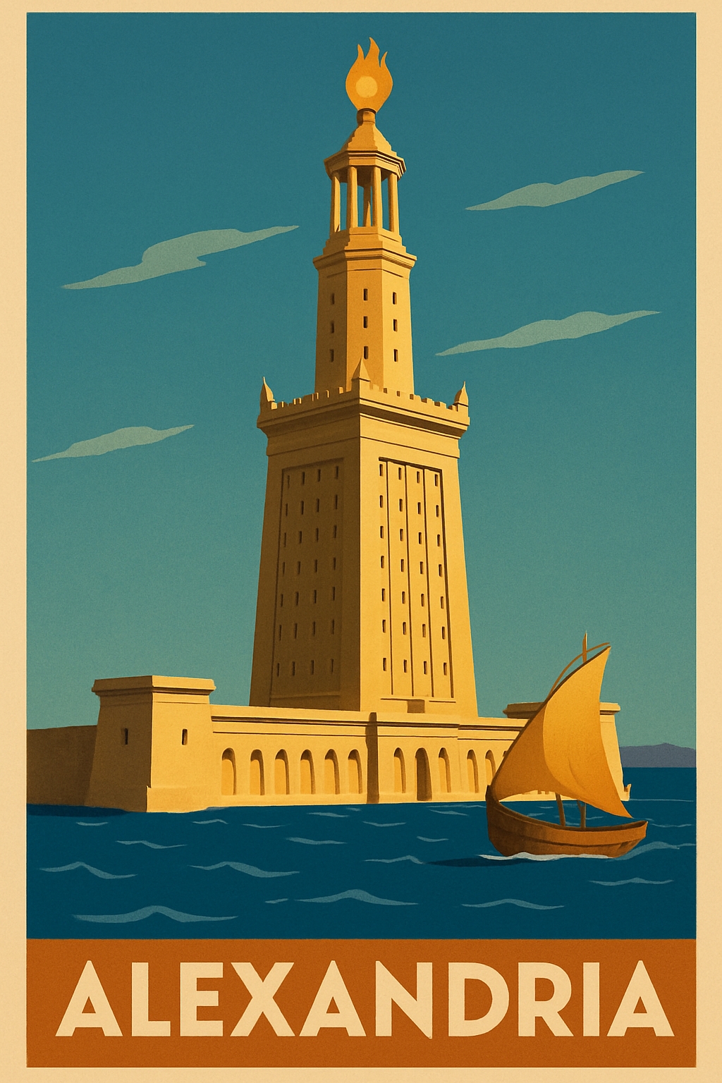 Vintage Lighthouse of Alexandria Travel Poster Design
