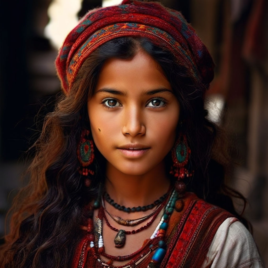 Portrait of Happy gypsy girl named MOGLI with laughing brown shining eyes  and sensual pout look to heaven