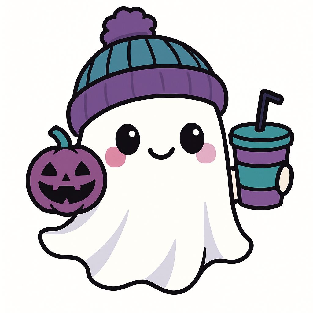 Kawaii Cartoon Ghost with Pumpkin and Drink Cup Sticker
