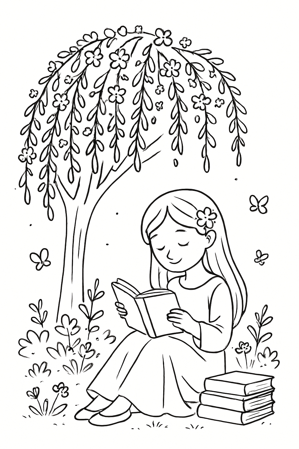 Serene Young Girl Reading Under Tree Line Drawing for Coloring Book Pages