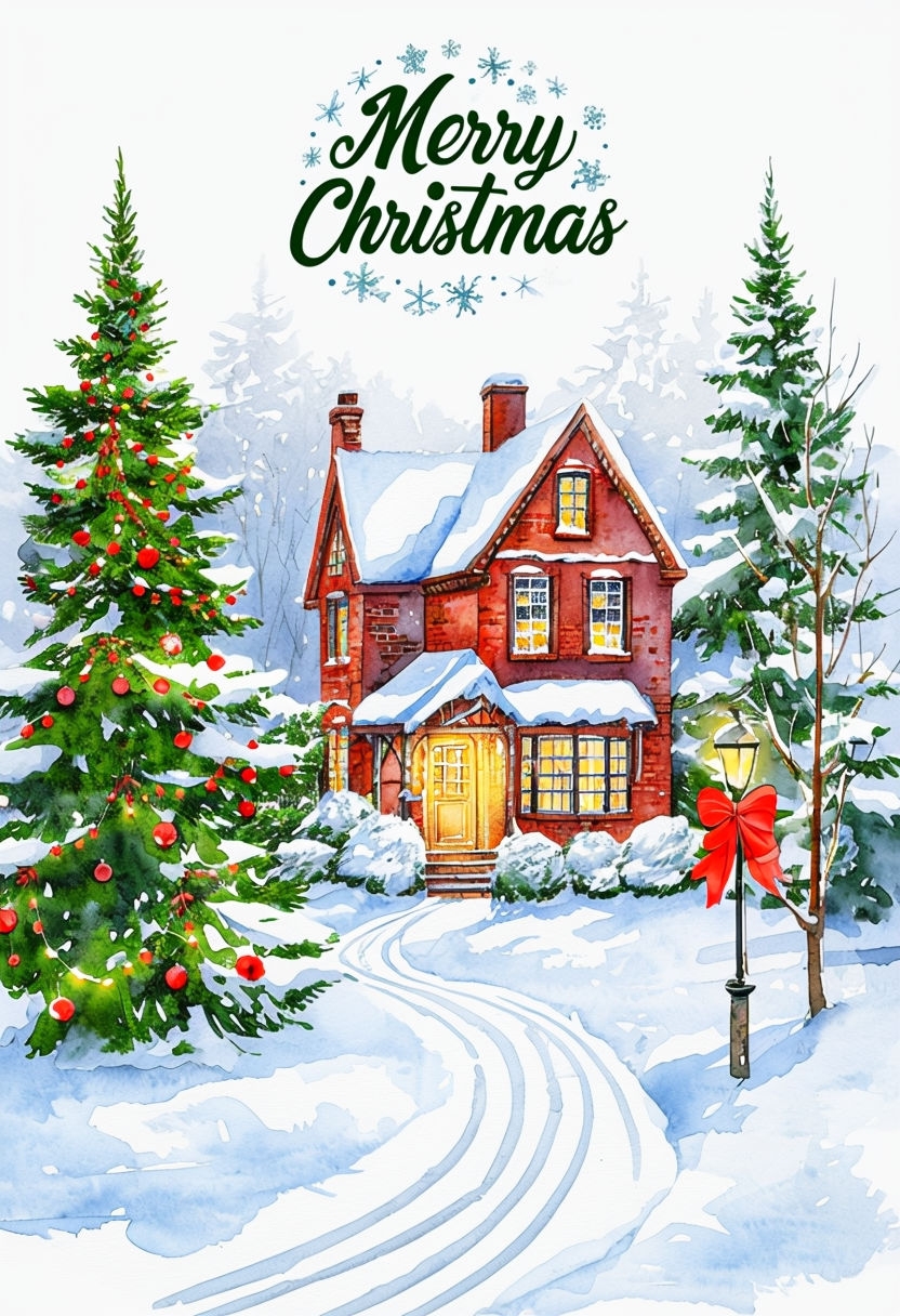 Cozy Christmas House Watercolor Illustration with Evergreen Trees Card