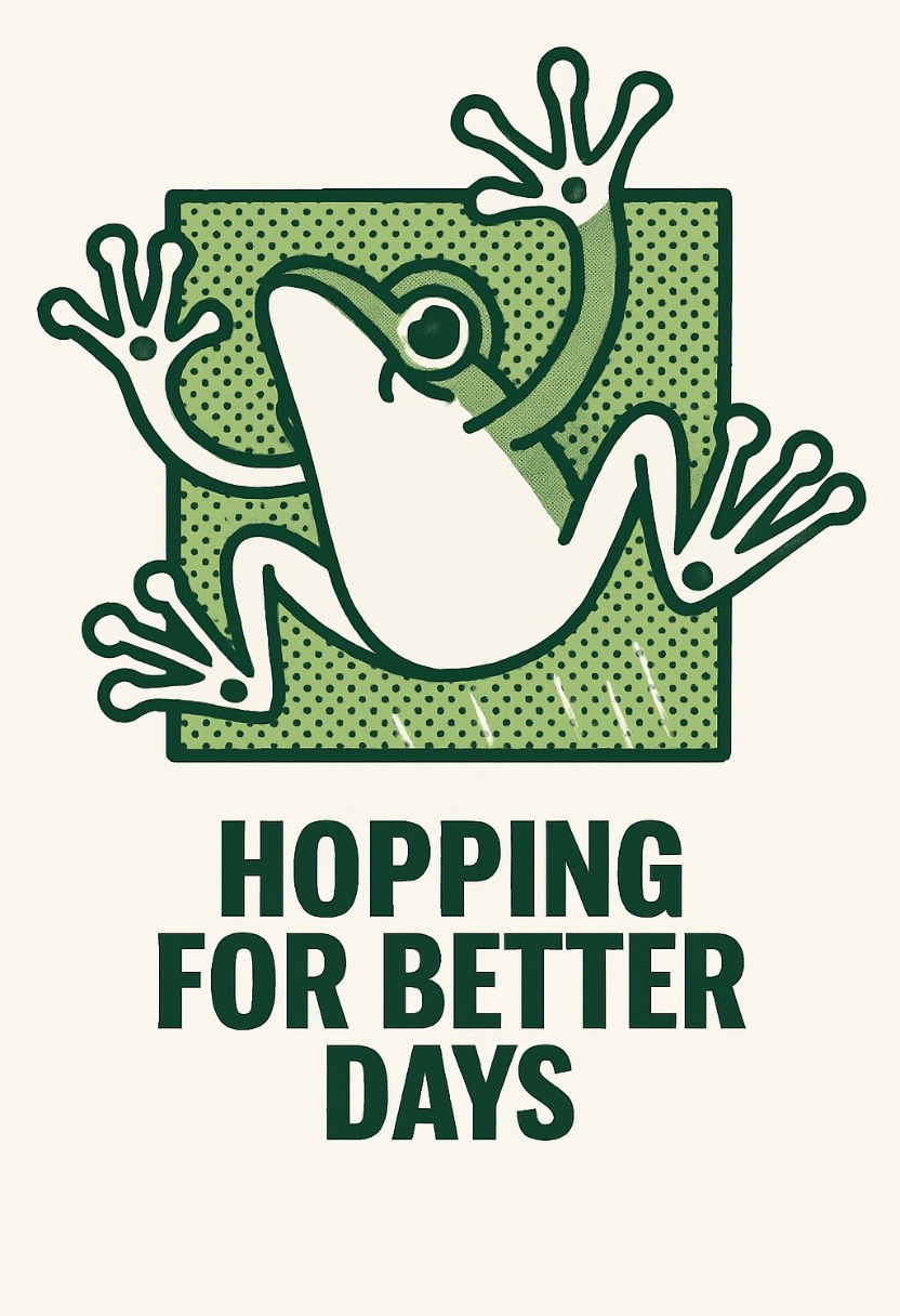 Stylized Green Frog Illustration with Cheerful Quote Poster
