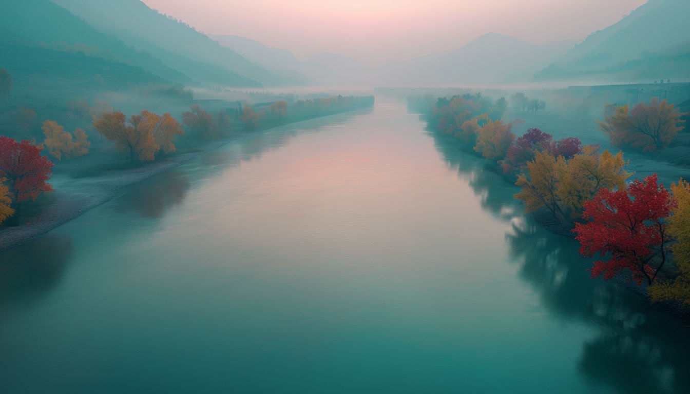 Tranquil Autumn River and Mountain Landscape Virtual Background