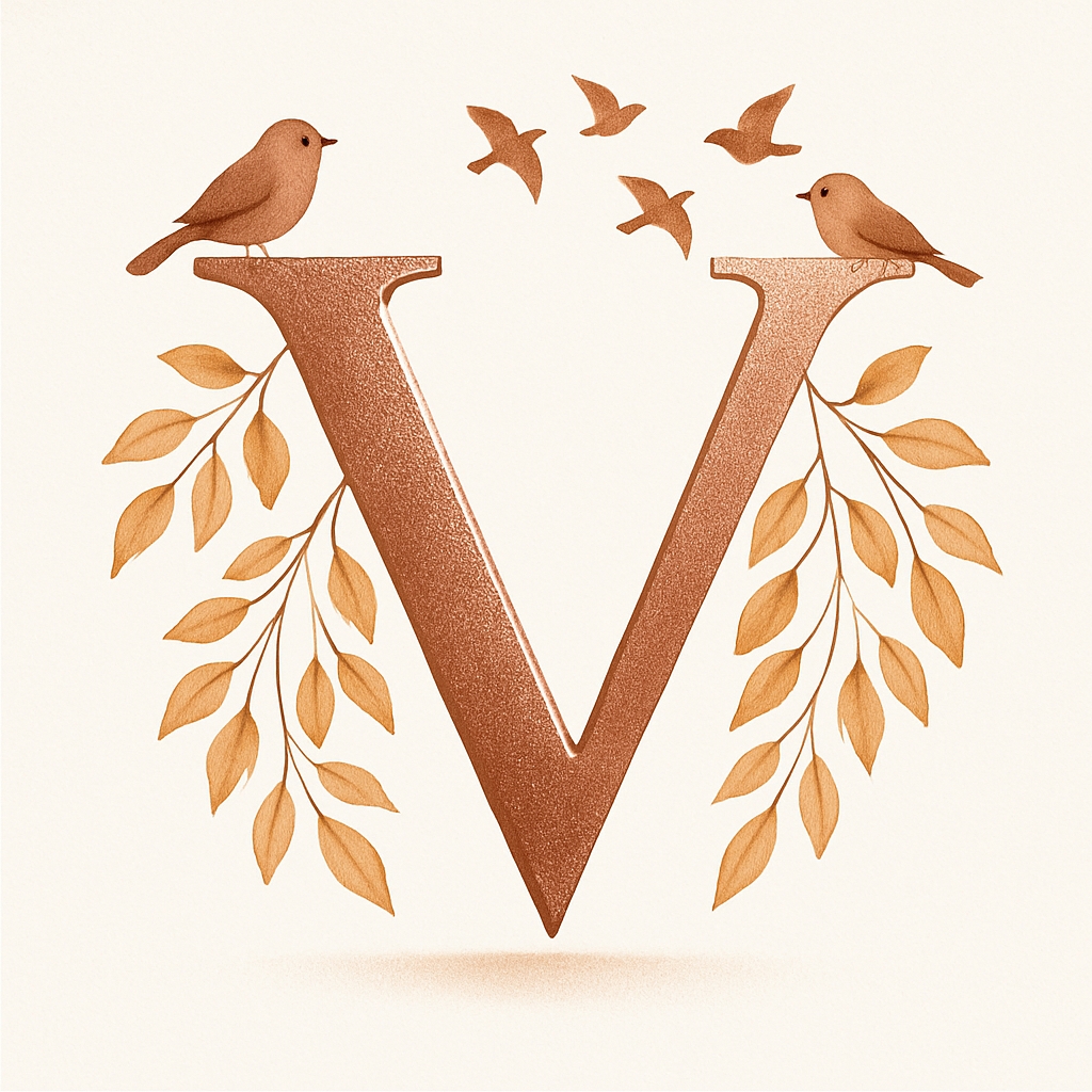 Elegant Copper 'V' Typography with Birds and Branches Monogram