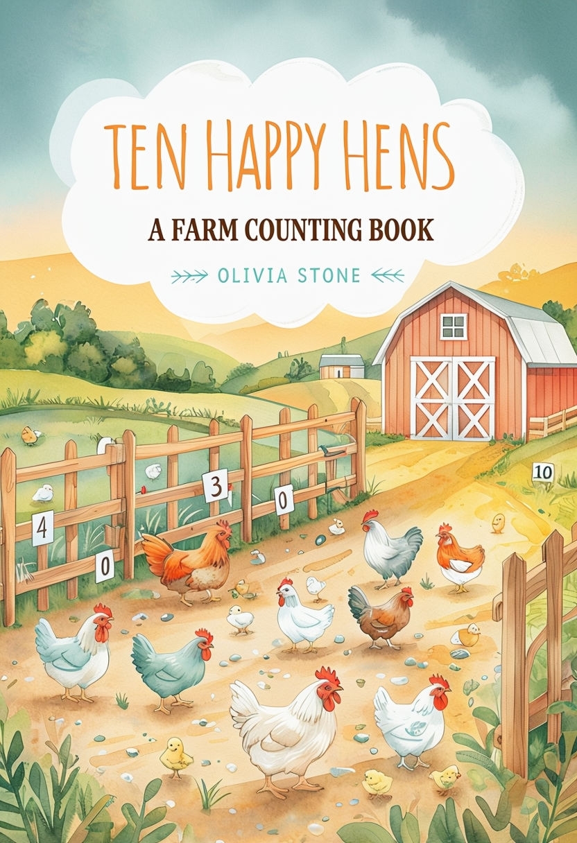 Whimsical Farm Scene for Ten Happy Hens Counting EBook Cover