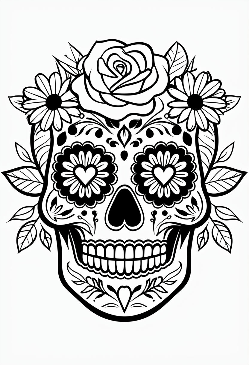 Intricate Black and White Sugar Skull Line Art for Coloring Book Pages