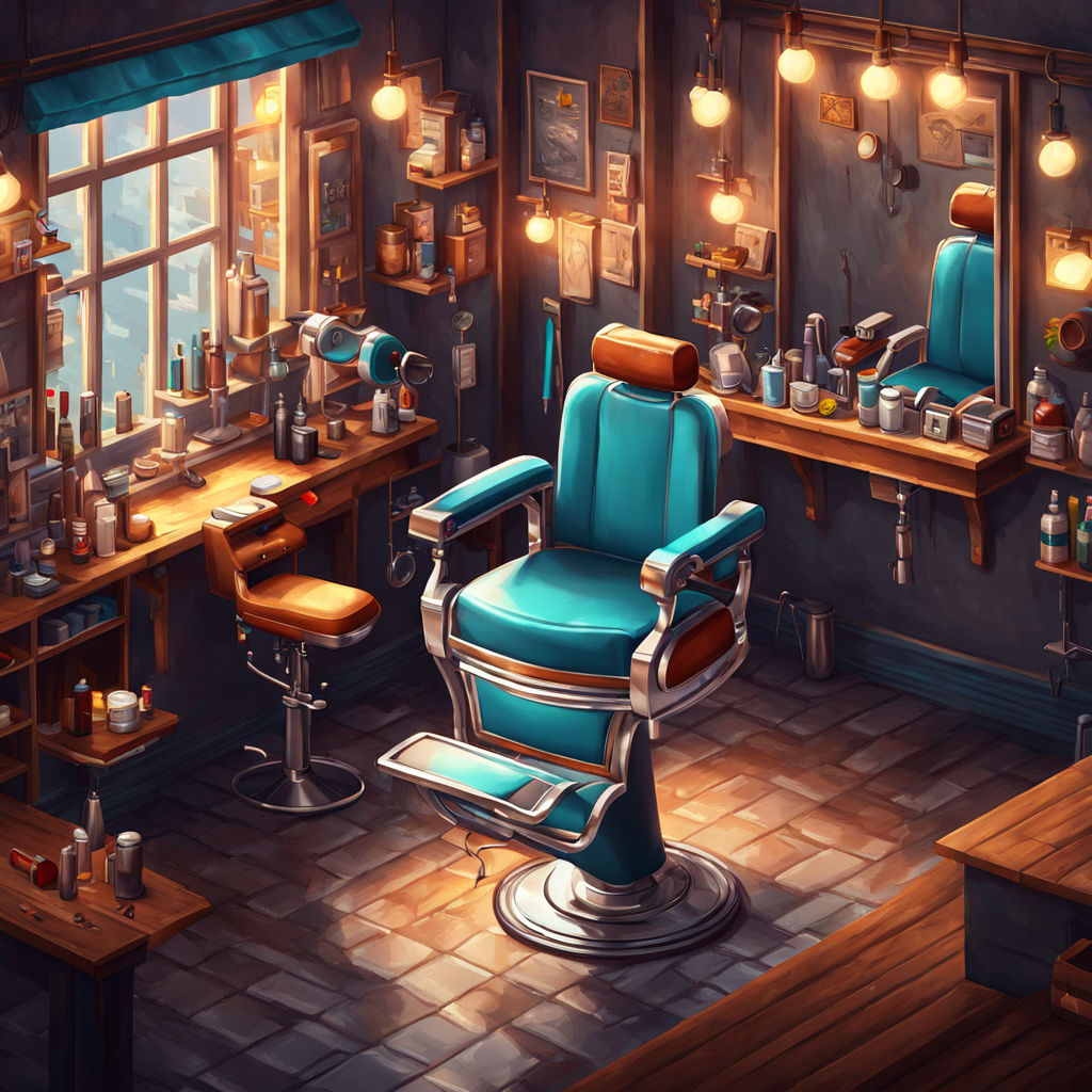 Isometric video game graphics barber shop illustration by pan