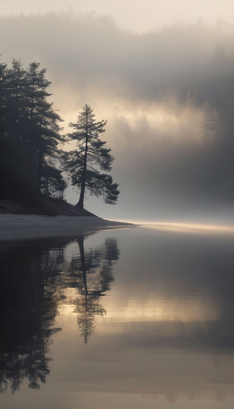 Serene Ethereal Landscape with Reflective Water and Mist Mobile Wallpaper